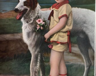 Antique Wall Art Print of Child with Borzoi Dog, 1920’s