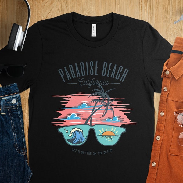 Paradise Beach California T-Shirt, Retro Sunset Palm and Waves Graphic Tee, Life is Better on the Beach Top