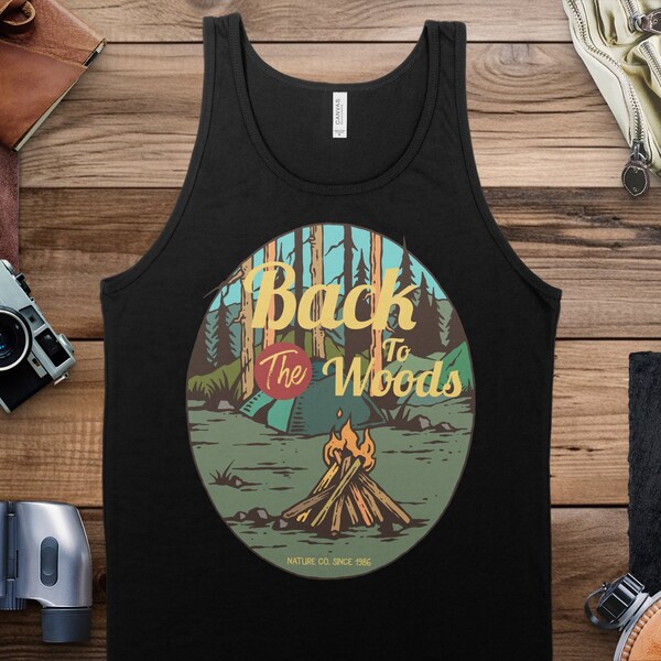 Back to the Woods Vintage Camping Graphic Tank Top, Nature Outdoor Adventure Sleeveless Shirt, Retro Forest Print