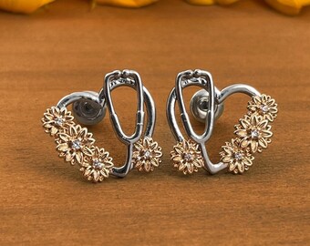 Sunflower Heart Stud Earrings, Handmade Jewelry, Romantic Gift for Her