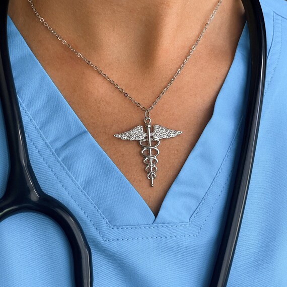 Sparkling Caduceus Necklace, Handmade Medical Jewelry, Nurse Gift