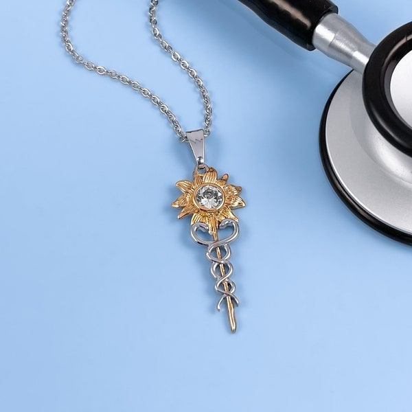 Crystal Sunflower Caduceus Necklace, Handmade Medical Jewelry, Doctor Gift, Nurse Accessory, Healing Symbol