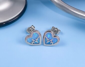Opal Heartbeat Studs Earrings, Medical Professional Gift, Healthcare Worker Jewelry