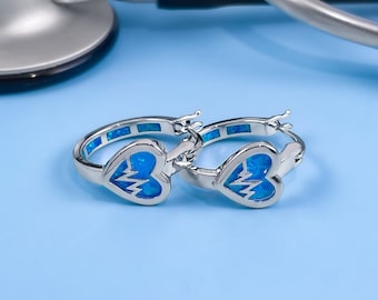 Opal Heart EKG Hoop Earrings, Medical Professional Gift, Healthcare Worker Jewelry