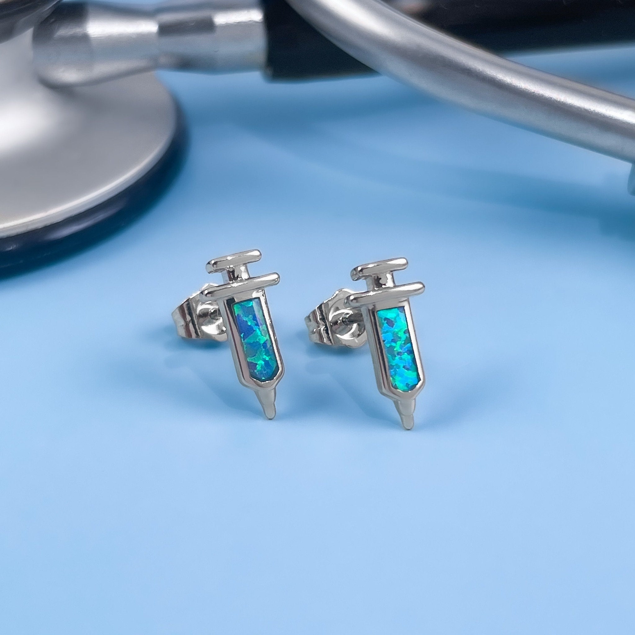 Opal Vaccine Syringe Studs Earrings, Handmade Medical Jewelry, Nurse Gift, Doctor Accessory