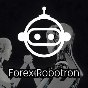 May include: Two white robots arm wrestle in front of a white robot icon with the text "Forex Robotron".