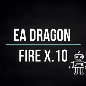 Peut inclure: Illustration en noir et blanc d'un robot avec le texte "EA DRAGON FIRE X. 10" sur un fond noir.