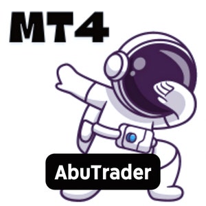 Peut inclure: Un astronaute de dessin animé dans une combinaison spatiale blanche avec un casque noir et une visière bleue fait le dab. L'astronaute se tient sur un fond blanc avec le texte "MT4" en lettres noires au-dessus de l'astronaute et le texte "AbuTrader" en lettres noires en dessous de l'astronaute.