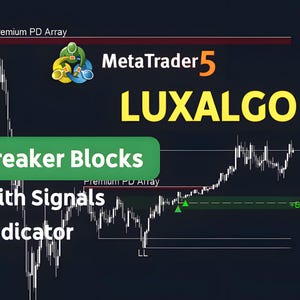 Op de afbeelding: Een screenshot van een computerscherm met een financiële grafiek met een groen-witte indicator met de naam "Breaker Blocks with Signals Indicator". De grafiek is getiteld "Premium PD Array" en de tekst "MetaTrader 5 LUXALGO" wordt weergegeven in de rechterbovenhoek.