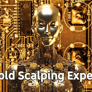 Może przedstawiać: Złoty robot z ludzką twarzą i ciałem, na tle złotej płytki drukowanej. Tekst "Gold Scalping Expert" znajduje się na pierwszym planie.