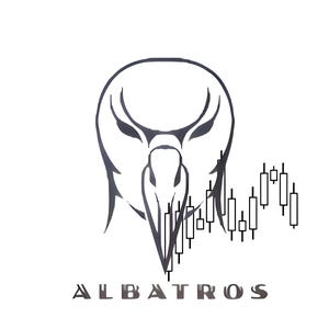Puede incluir: Ilustración en blanco y negro de una cabeza de albatros con un pico estilizado. La imagen incluye la palabra "ALBATROS" en una fuente estilizada debajo de la cabeza del albatros. La cabeza del albatros está posicionada sobre una serie de gráficos de velas negras y blancas.