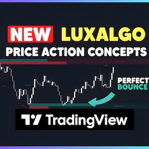 Puede incluir: Un gráfico de velas negro y blanco con una línea horizontal verde y roja. El gráfico muestra un rebote de precios. El texto "NEW LUXALGO PRICE ACTION CONCEPTS" está en la parte superior de la imagen. El texto "PERFECT BOUNCE" está en el medio de la imagen. El texto "1% TradingView" está en la parte inferior de la imagen.