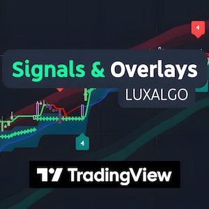 Może przedstawiać: Zielony i niebieski wykres z czerwoną linią i zielonymi słupkami. Wykres jest oznaczony jako "Signals & Overlays" i "LUXALGO". Na dole wykresu znajduje się białe pole z tekstem "T/ TradingView" w kolorze czarnym.
