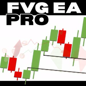 Puede incluir: Un gráfico de velas verde y rojo con el texto "FVG EA PRO" en la parte superior. El gráfico muestra una tendencia alcista con una serie de velas verdes seguidas de una vela roja.