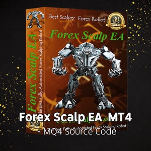 May include: A digital product cover featuring a robot graphic and the text "Forex Scalp EA" in green and white. The text "The Best Fully Automated Forex Scalping Robot" is also included. The cover has a 30-day money back guarantee.
