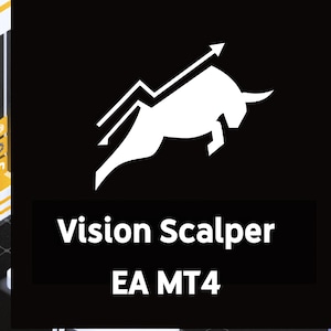 Może przedstawiać: Biały byk atakujący do góry z strzałką skierowaną w górę, na czarnym tle. Tekst "Vision Scalper EA MT4" znajduje się pod bykiem.