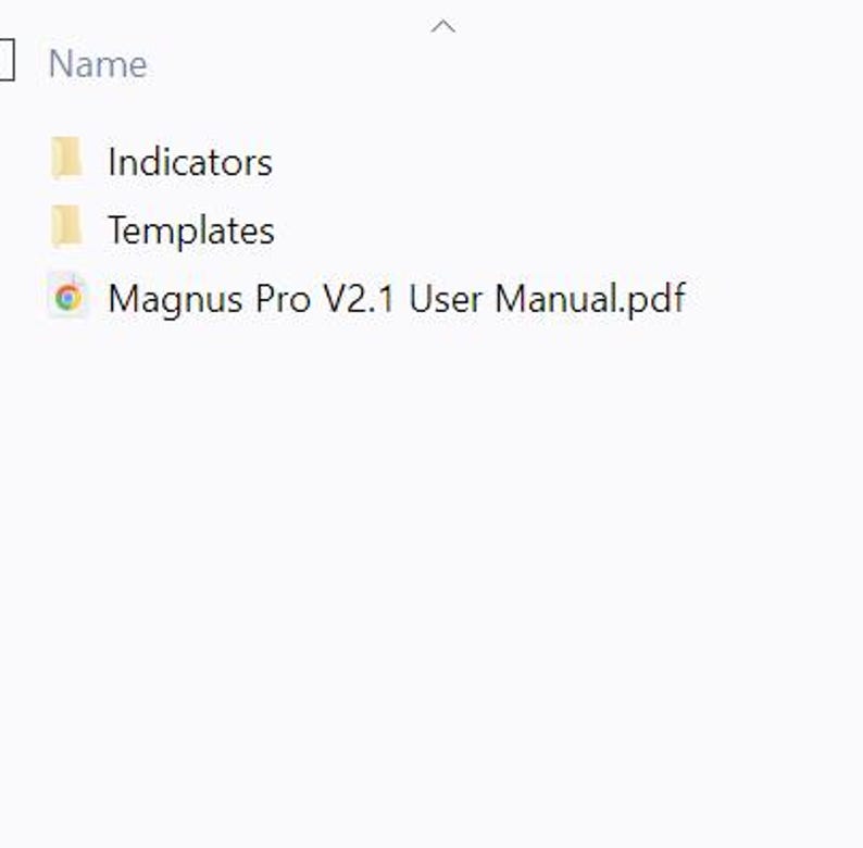 May include: A screenshot of a file explorer window showing a folder named "Indicators", a folder named "Templates", and a file named "Magnus Pro V2.1 User Manual.pdf".