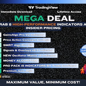 Puede incluir: Un gráfico promocional de TradingView con el texto "MEGA DEAL" y una lista de ocho indicadores de alto rendimiento. La imagen incluye el texto "Descarga inmediata" y "Acceso de por vida" con una insignia de "Garantía de satisfacción".