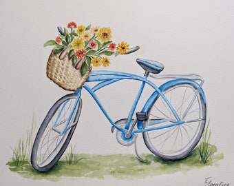 Aquarelle originale de bicyclette avec un panier de fleurs