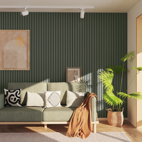 Olive Green Acoustic Slat Wood Accent Wall Panels - Limited Edition