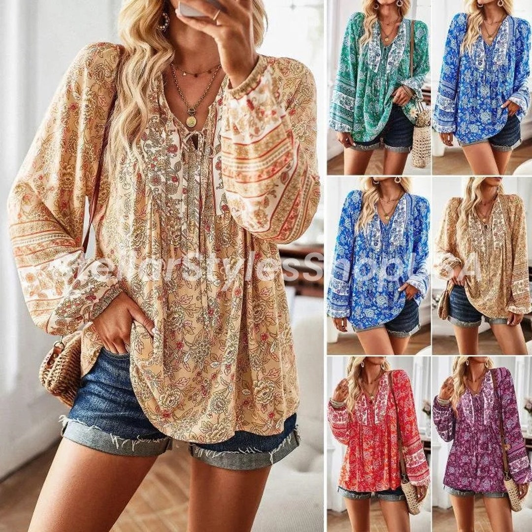 Bohemian Relaxed Fit Long Sleeve Blouse Fall Casual Boho Tassel Tie