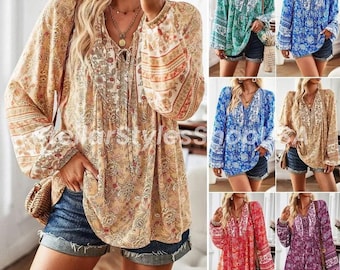 Bohemian Relaxed Fit Long Sleeve Blouse Fall Casual Boho Tassel Tie Blouse Boho Lightweight Floral Print Top Bohemian Print Shirt