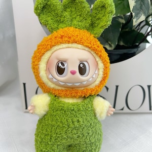 Cute Crochet Costume Set for Labubu – Handmade Funny Outfits: Carrot, Tempura | Doll Clothes for Standing or Sitting Labubu