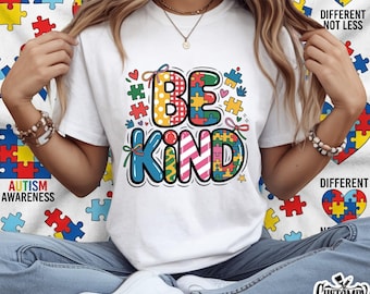 Be Kind PNG - Autism Awareness Colorful Puzzle Letter Design | Neurodiversity Sublimation Digital Download