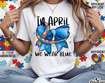 In April We Wear Blue PNG Bundle – 3 Autism Awareness Blue Bow Designs | Puzzle Ribbon Sublimation Digital Download