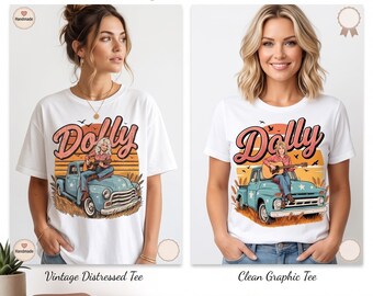 Dolly Parton PNG, 2 Design Bundle,, Vintage Truck Cowgirl, Retro Country Music, Sunset Guitar PNG, Western Shirt Design, Digital Download