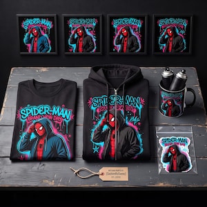 Op de afbeelding: Een zwart t-shirt, een zwarte hoodie met rits, een zwarte mok en een sticker, allemaal met een afbeelding van Spider-Man in een hoodie met de tekst Spider-Man Brand New Day. Vier ingelijste prints hangen boven de items op de tafel.