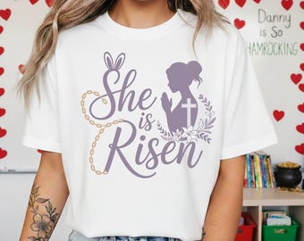 She Is Risen Christian T-Shirt – Faith Silhouette Floral Cross Tee