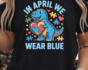 In April We Wear Blue PNG Bundle – 3 Dinosaur Puzzle Heart Designs | Blue Dino Transparent PNG for Shirts Hoodies