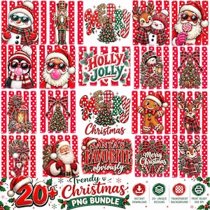 Può includere: Una collezione digitale di grafiche a tema natalizio con Babbo Natale, pupazzi di neve, renne, omini di pan di zenzero, schiaccianoci e alberi decorati. I disegni includono motivi rossi e bianchi e scritte come Merry Christmas.