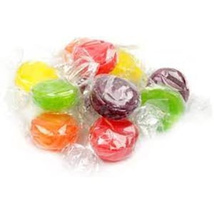 May include: A selection of colourful hard candies, individually wrapped in clear cellophane. The sweets are in shades of red, orange, yellow, green, and purple, creating a vibrant and appealing assortment.