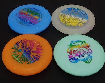 New Disc Golf 4 Zu Can Topper Minis. 3". 4 Unique Hot Stamps + 1-4" Sticker