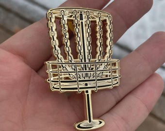 New Disc Golf Basket Pin. Electro Gold Plated-3" + 1-3" Holographic Sticker