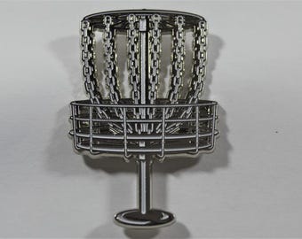 New Disc Golf Basket Pin. Silver. 3" + 3" Holographic Sticker