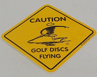 Novo adesivo para Disc Golf. 7,6 cm x 7,6 cm. Cuidado, discos de golfe voando. À prova d'água.