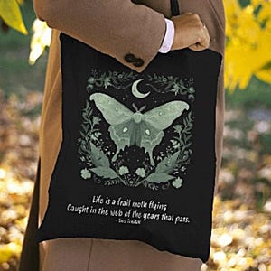 Black Tote Bag: Green Moth, Moon & Botanicals, Dark Academia Style