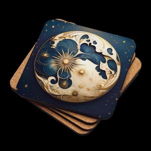 May include: Set of four square cork coasters with a blue and gold design featuring a stylized moon and stars. The moon is intricately detailed with a swirling pattern and gold accents.