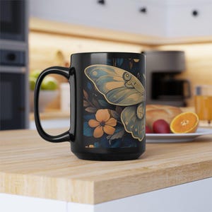 Black Mug Moth Dark Academia Mug Gothic Coffee Cup Nature Inspired Moth Lover Gift Witchy Mug Mystical Insect Art Cup Botanical Ethereal Mug