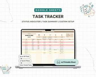 Task Tracker Google Sheets Template with Dashboard and Status Indicator | Digital To-Do List