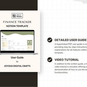 May include: A digital finance tracker Notion template featuring a laptop display showing a dashboard interface. The text reads Finance Tracker, Notion Template, Made for Notion, User Guide, and Joyous Digital Crafts, with detailed user guide and video tutorial.