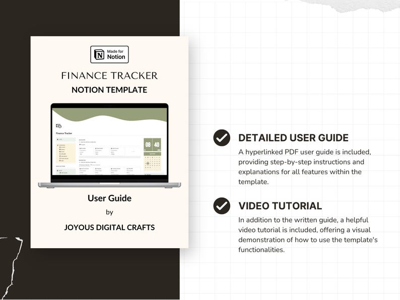 May include: A digital finance tracker Notion template featuring a laptop display showing a dashboard interface. The text reads Finance Tracker, Notion Template, Made for Notion, User Guide, and Joyous Digital Crafts, with detailed user guide and video tutorial.