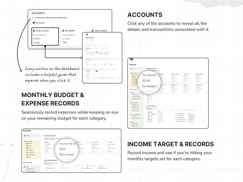 May include: A digital dashboard interface featuring sections for ACCOUNTS, MONTHLY BUDGET & EXPENSE RECORDS, and INCOME TARGET & RECORDS. The layout includes text guides, transaction lists, and circular callouts displaying budget and income status.