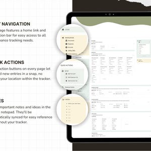 May include: A digital finance tracker displayed on a tablet screen, featuring sections for easy navigation, quick actions, and notes. The interface includes lists for accounts, expenses, income, utility bills, and subscriptions with a clean layout.