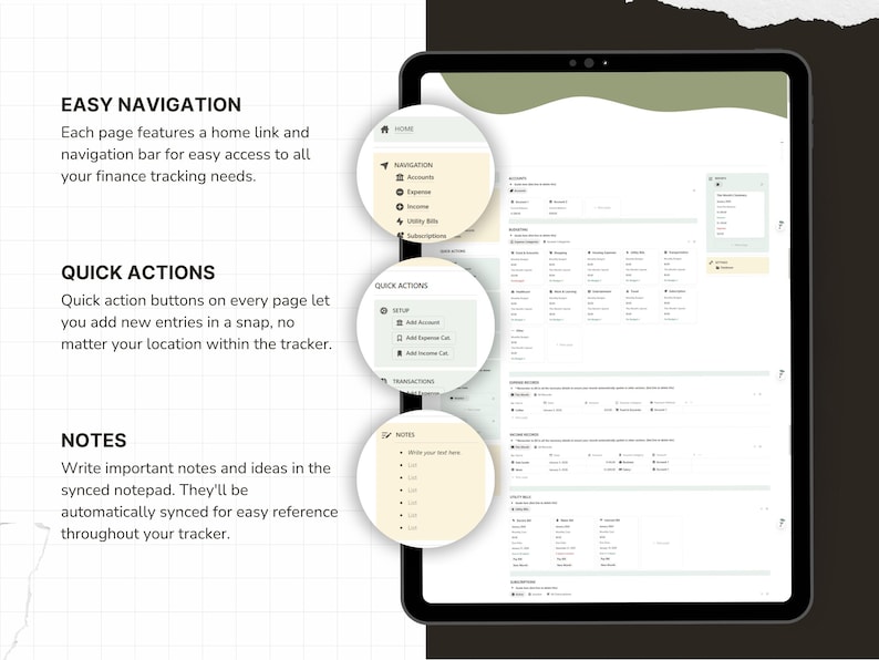 May include: A digital finance tracker displayed on a tablet screen, featuring sections for easy navigation, quick actions, and notes. The interface includes lists for accounts, expenses, income, utility bills, and subscriptions with a clean layout.