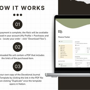 May include: A digital finance tracker template displayed on a laptop screen next to a three-step instructional guide titled HOW IT WORKS. The guide explains the download process for the PDF file and how to duplicate the Notion template for personal use.