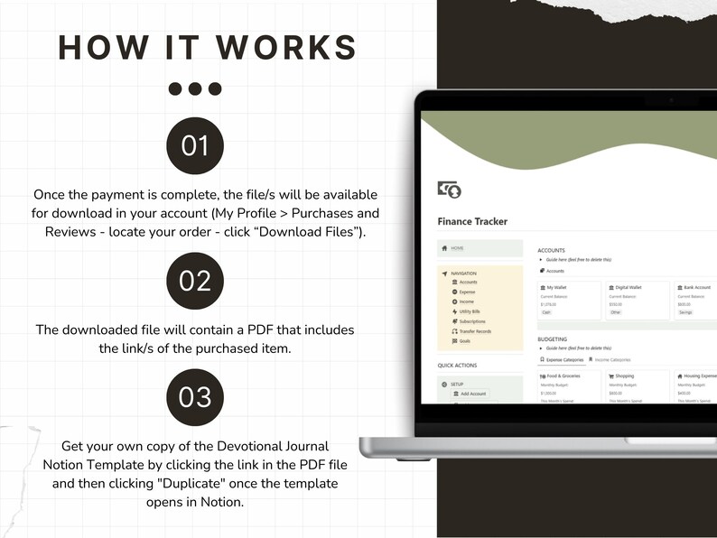 May include: A digital finance tracker template displayed on a laptop screen next to a three-step instructional guide titled HOW IT WORKS. The guide explains the download process for the PDF file and how to duplicate the Notion template for personal use.